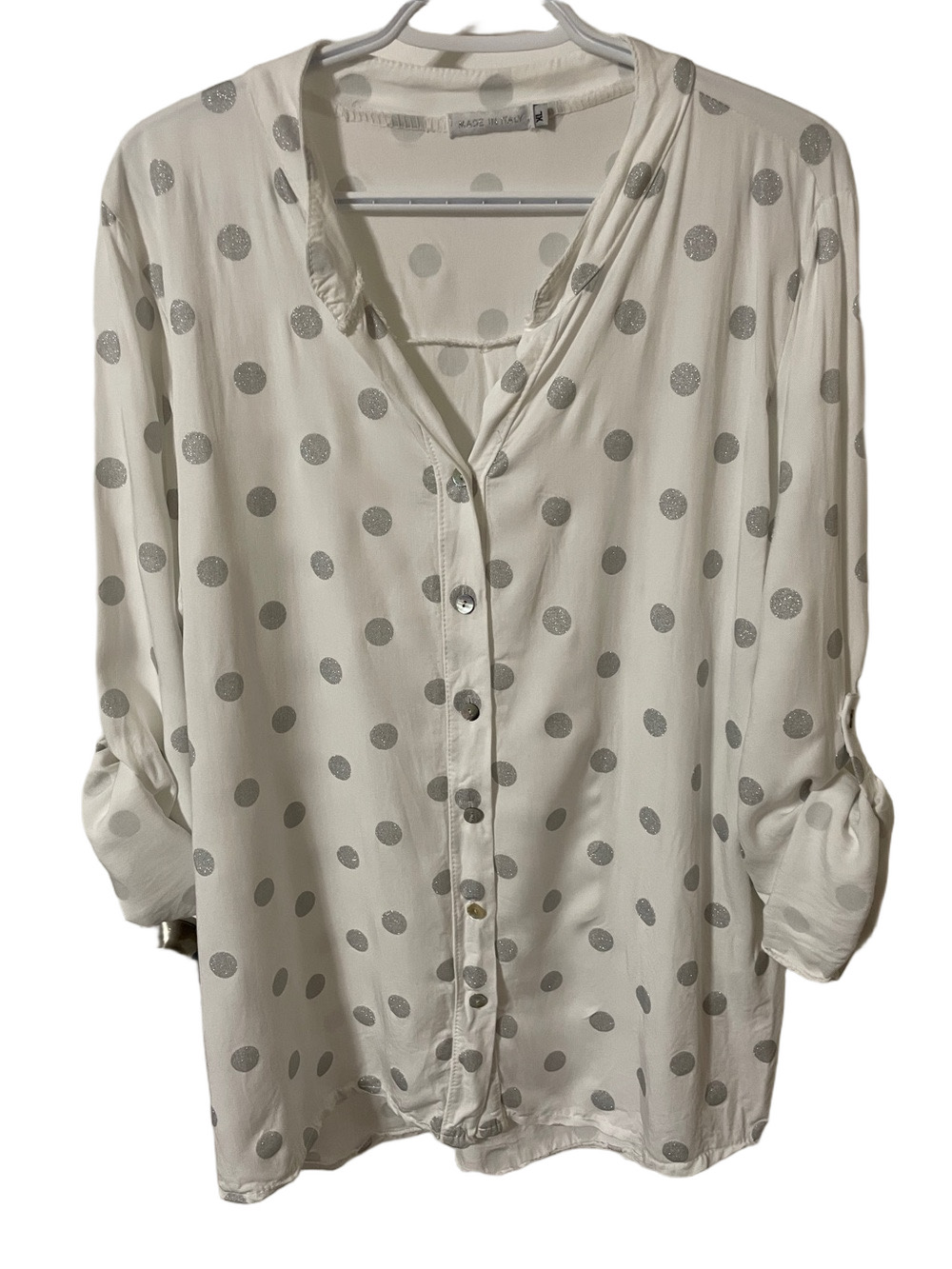 Made in Italy Silver Polka Dot Button-Down Blouse Size XL
